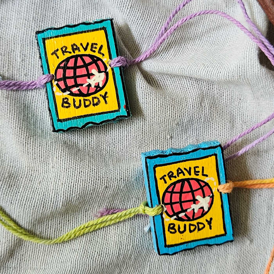Handpainted Quirky Wooden Rakhi With Roli Chawal 6 New - Close-up of two bracelets