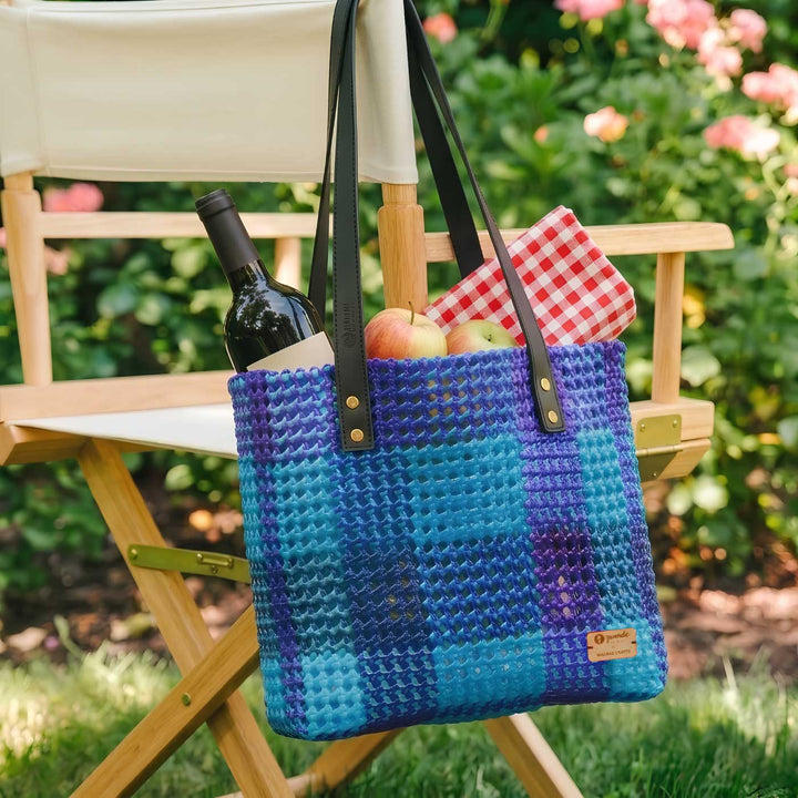 Blue Shades Checkered Handmade Wire Koodai Tote Bag