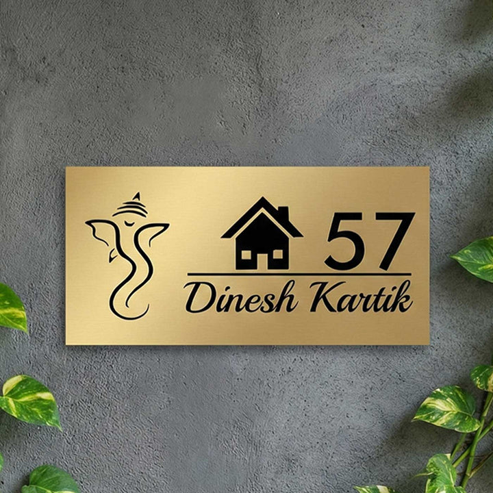 Ganesha & House Engraved Personalized Golden Metal Name Plate | Rectangular, Outdoor, Weather Proof