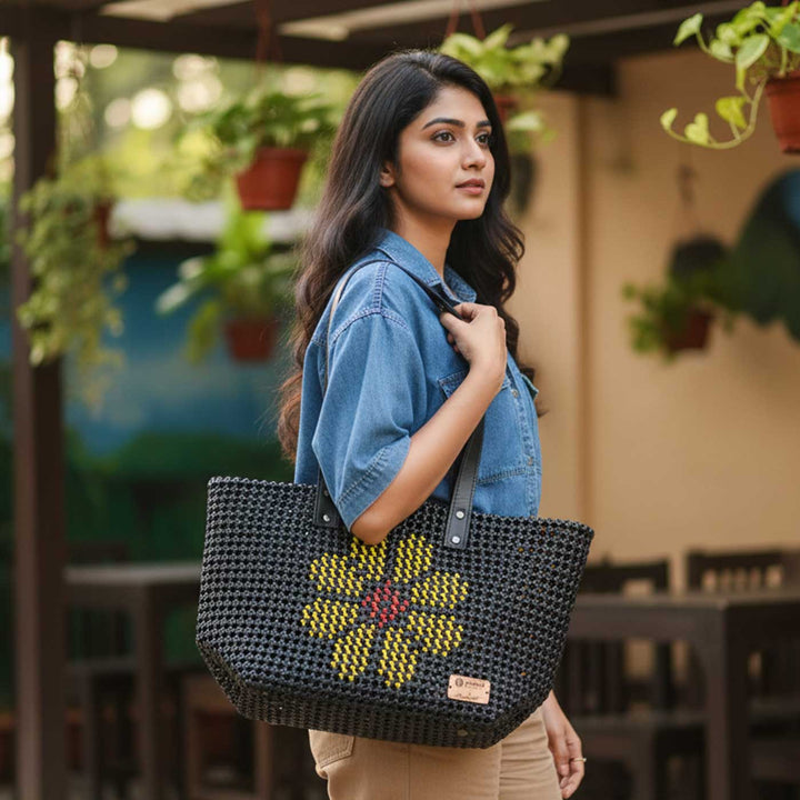 Black Side Flower Design Mukhya Knot Handmade Koodai Market Bag