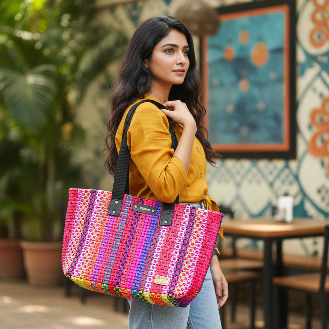 Multicolour Striped Pink Sivakannu Knot Handmade Koodai Market Bag