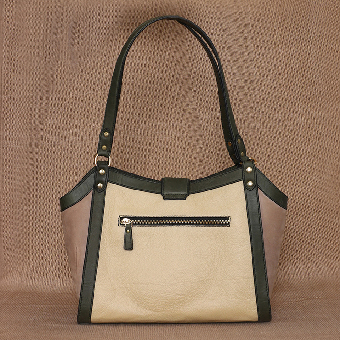 Personalized Off White & Green Serena Leather Tote Bag
