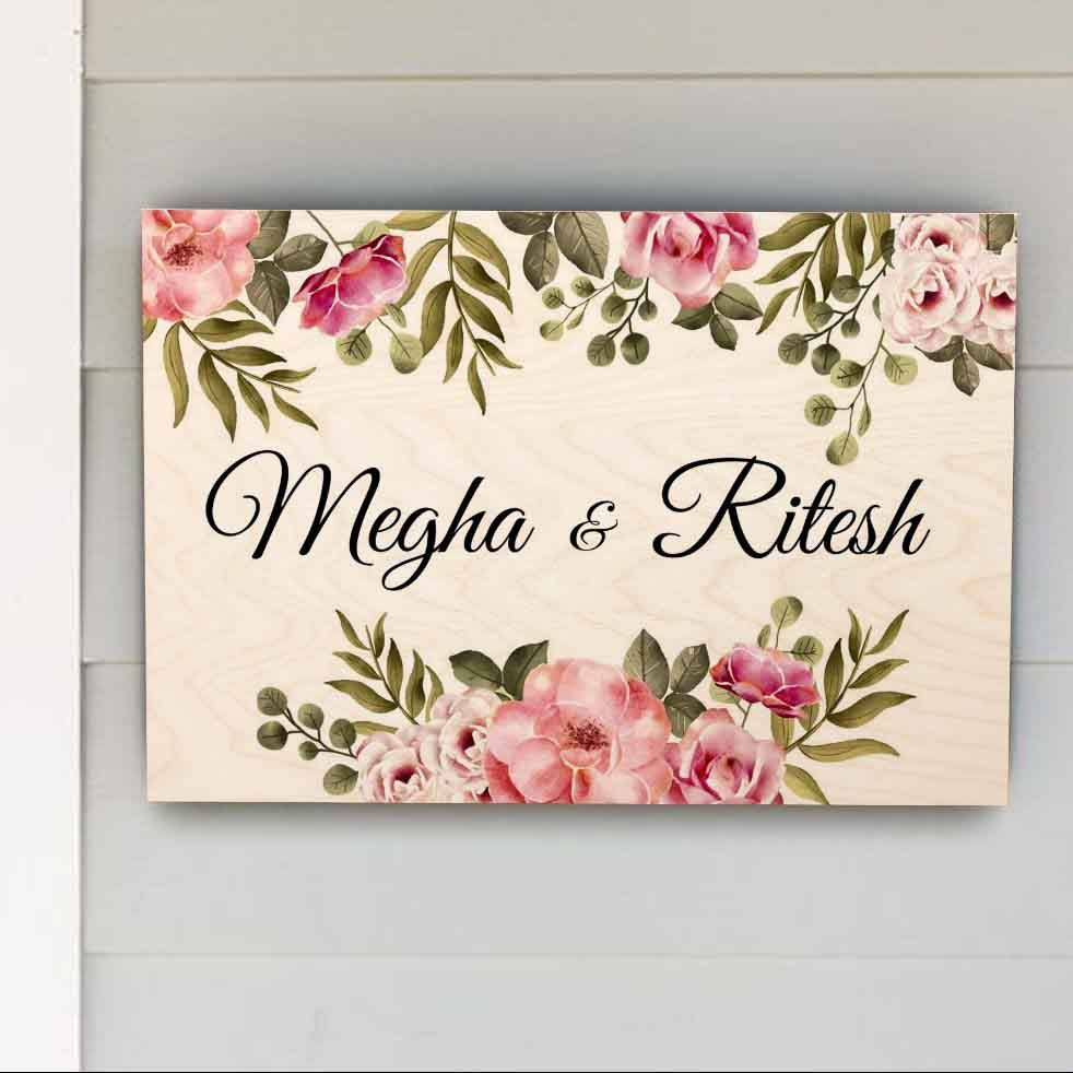 Printed Floral Wooden Rectangle Nameplate