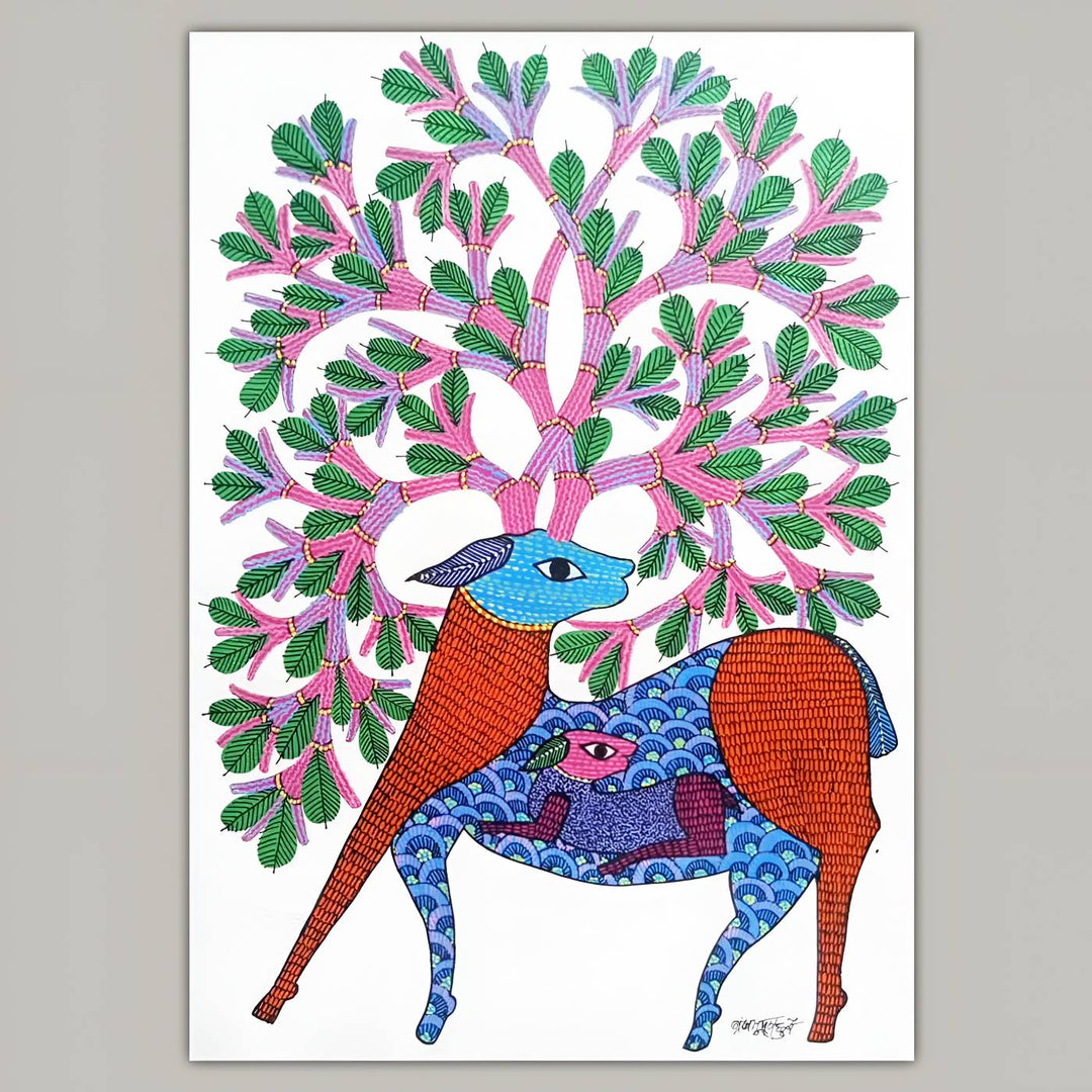11 x 16 Inch | Deer With Tree | Original Hand Painted Tribal Gond Art Painting | Acrylic Paint On Paper