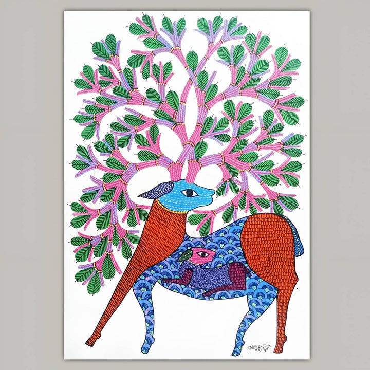 11 x 16 Inch | Deer With Tree | Original Hand Painted Tribal Gond Art Painting | Acrylic Paint On Paper