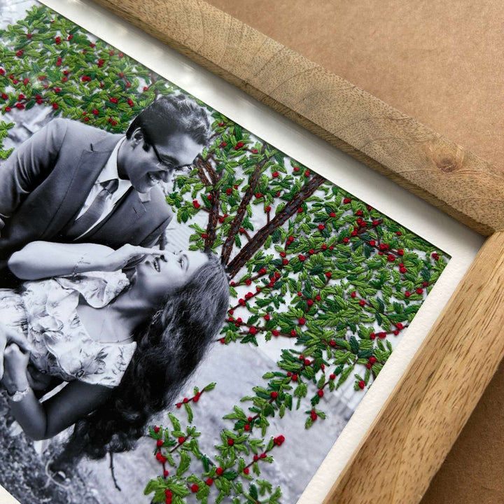 Tree Background Design Hand Embroidered Photo With Wooden Frame