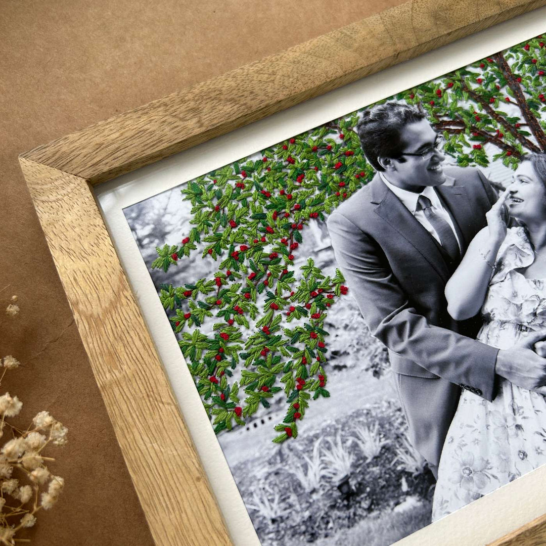 Tree Background Design Hand Embroidered Photo With Wooden Frame