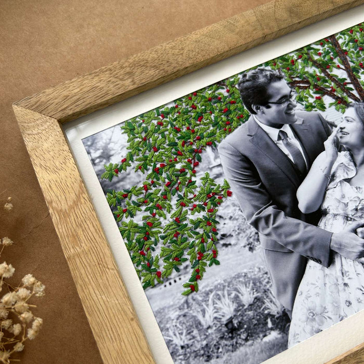 Tree Background Design Hand Embroidered Photo With Wooden Frame