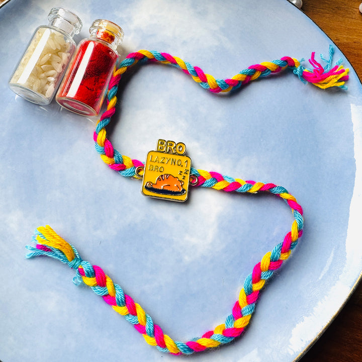 Reusable Handmade Lazy Bro Charm Metal & Thread Rakhi With Roli Chawal For Brother