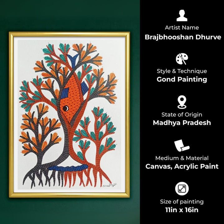 11 x 16 Inch | Fish Among Trees | Original Hand Painted Tribal Gond Art Painting | Acrylic Paint On Paper