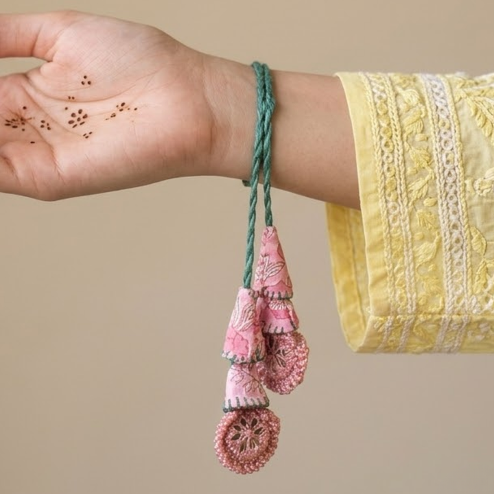 Handmade Reusable Pink And Green Mirror Jhumki Rakhi For Bhaiya And Bhabhi