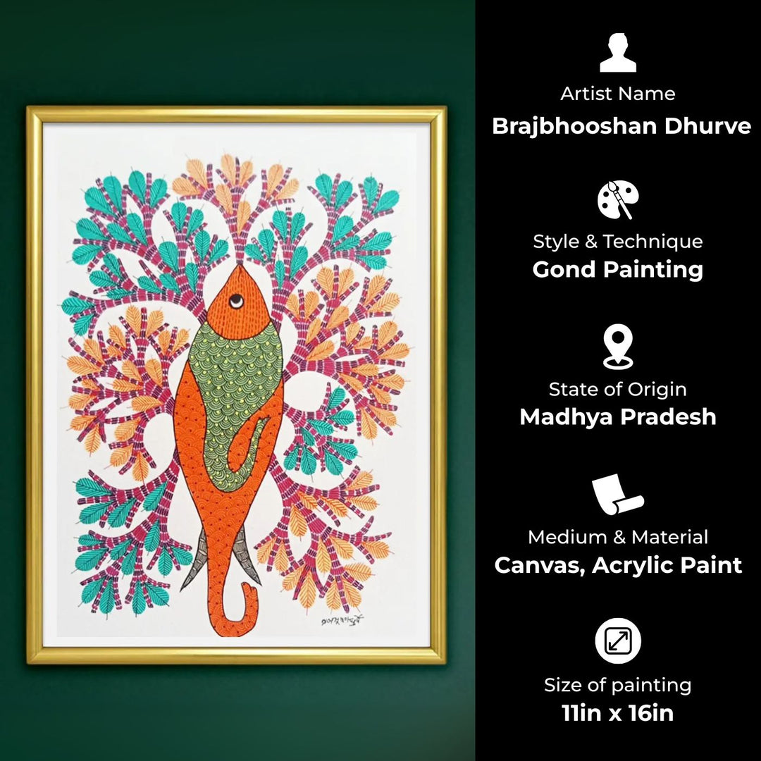 11 x 16 Inch | Orange Fish | Original Hand Painted Tribal Gond Art Painting | Acrylic Paint On Paper