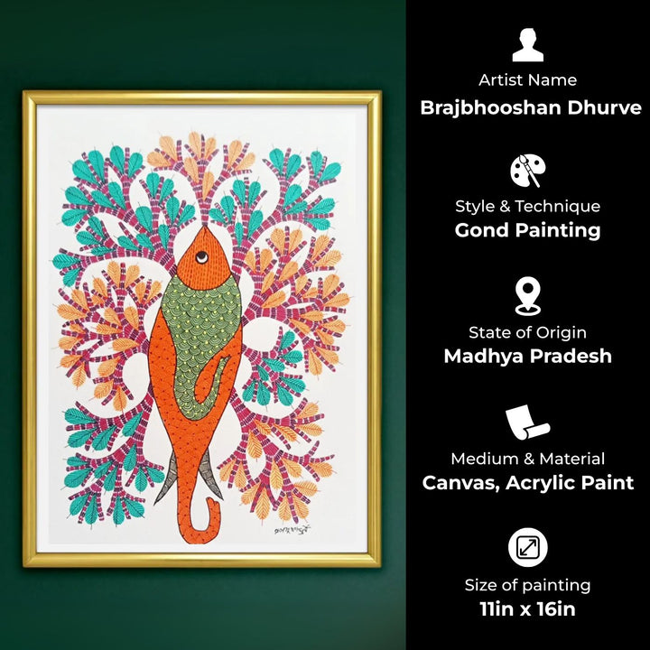 11 x 16 Inch | Orange Fish | Original Hand Painted Tribal Gond Art Painting | Acrylic Paint On Paper