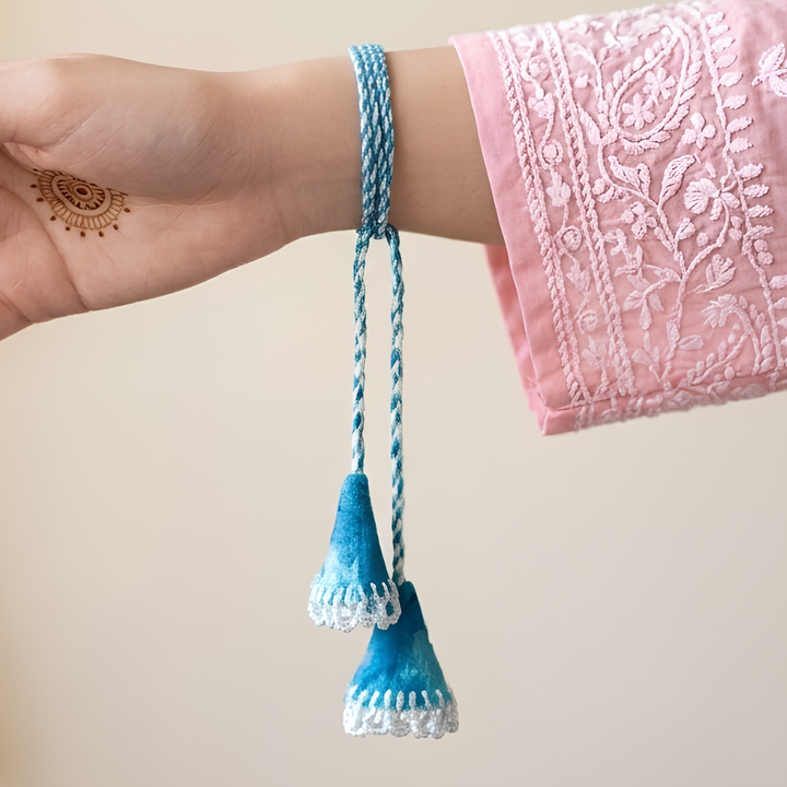 Handmade Reusable Blue Mirror & Jhumki Lumba Rakhi For Bhabhi