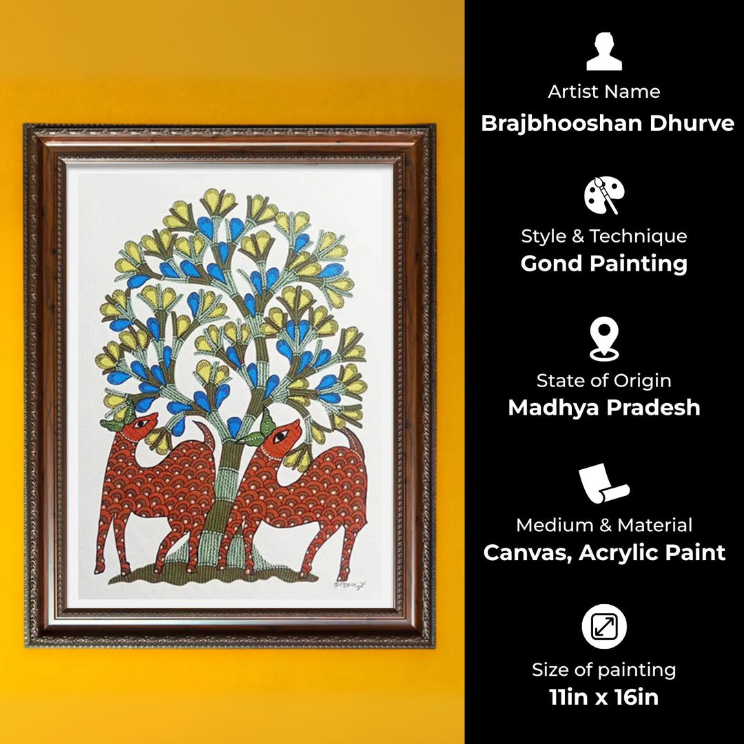 11 x 16 Inch | Two Deer Under Tree | Original Hand Painted Tribal Gond Art Painting | Acrylic Paint On Paper