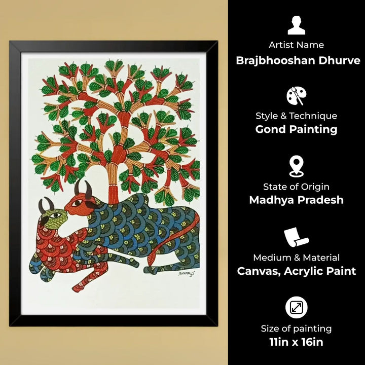 11 x 16 Inch | Two Resting Bulls | Original Hand Painted Tribal Gond Art Painting | Acrylic Paint On Paper