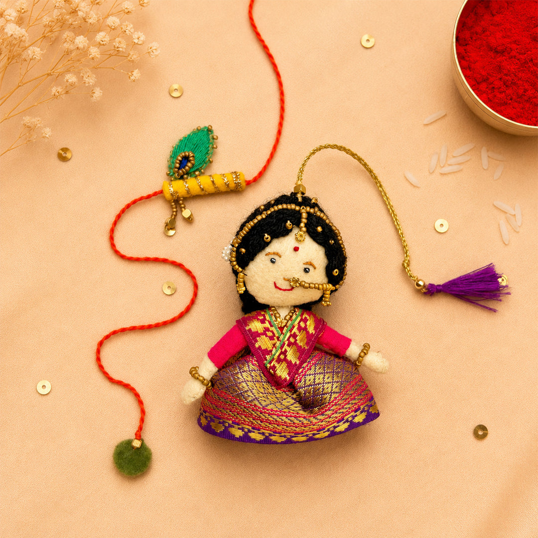 Hand Embroidered Radha Bansuri Rakhi Lumba Set For Bhaiya Bhabhi