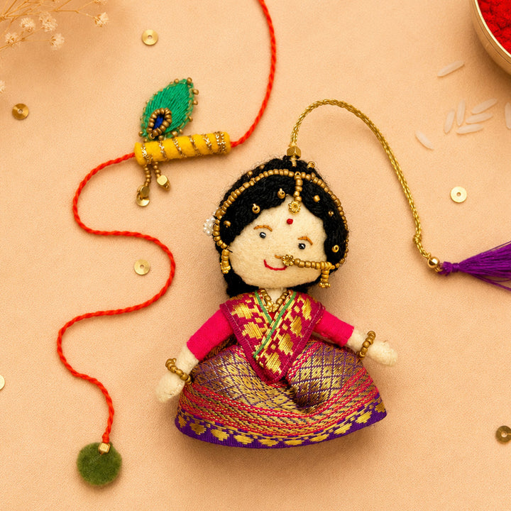 Hand Embroidered Radha Bansuri Rakhi Lumba Set For Bhaiya Bhabhi