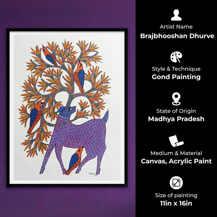 11 x 16 Inch | Wildlife & Birds Under Tree | Original Hand Painted Tribal Gond Art Painting | Acrylic Paint On Paper
