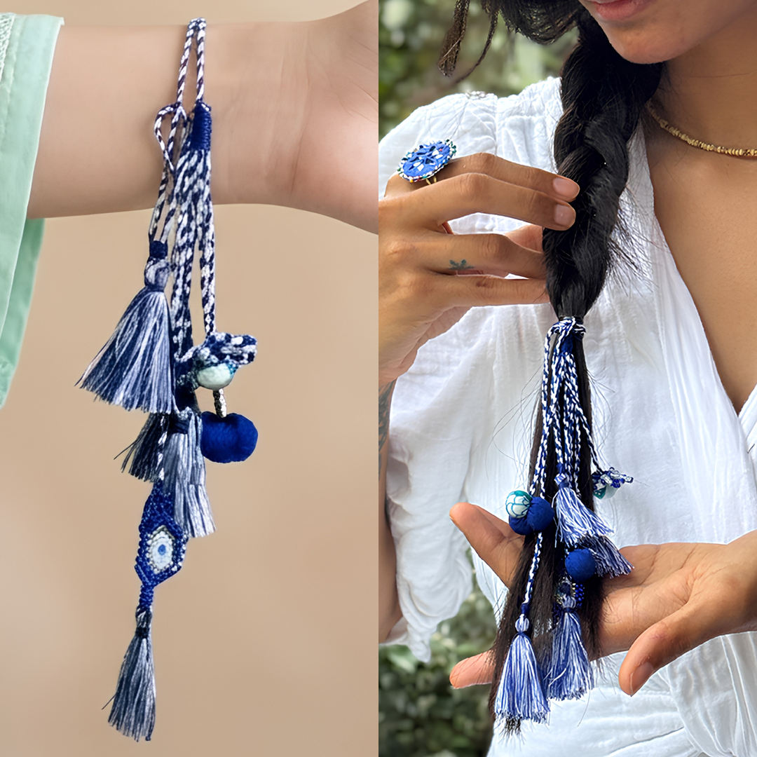 Handmade Reusable Evil Eye Beads And Jhumki Lumba Rakhi For Bhabhi