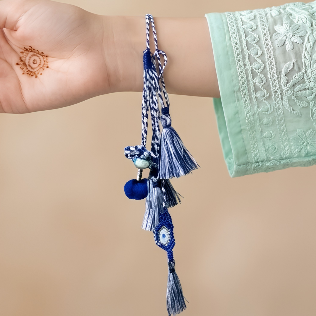 Handmade Reusable Evil Eye Beads And Jhumki Lumba Rakhi For Bhabhi