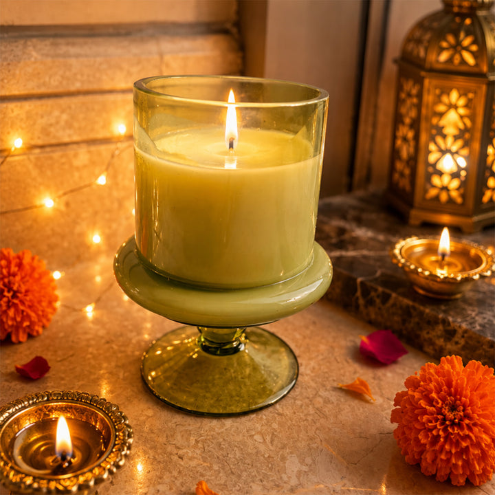 Emerald Glow Green Stand Candle Diwali Gift Hamper With Shubh Labh And Mata Laxmi Charan For Festive Gifting