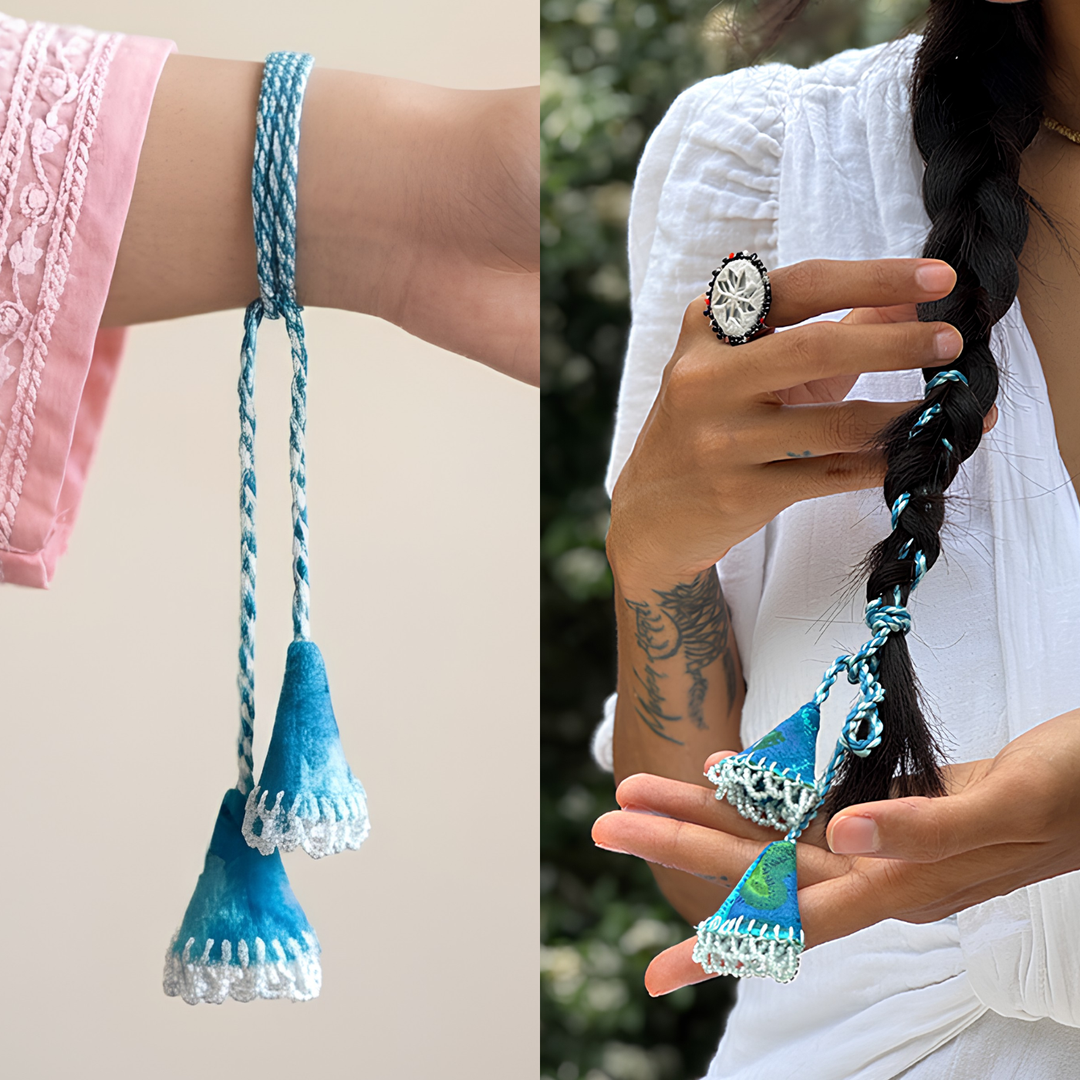 Handmade Reusable Blue Mirror & Jhumki Lumba Rakhi For Bhabhi