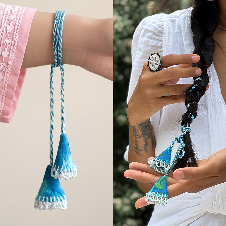 Handmade Reusable Blue Mirror & Jhumki Lumba Rakhi For Bhabhi