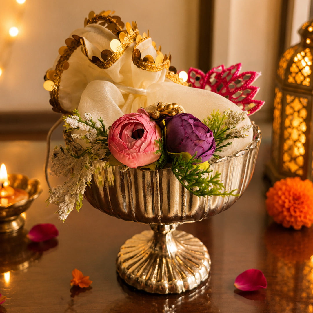 Silver Shagun Urli Soy Wax Scented Candle Diwali Gift Hamper With Almond Potli And Shubh Labh For Festive Gifting