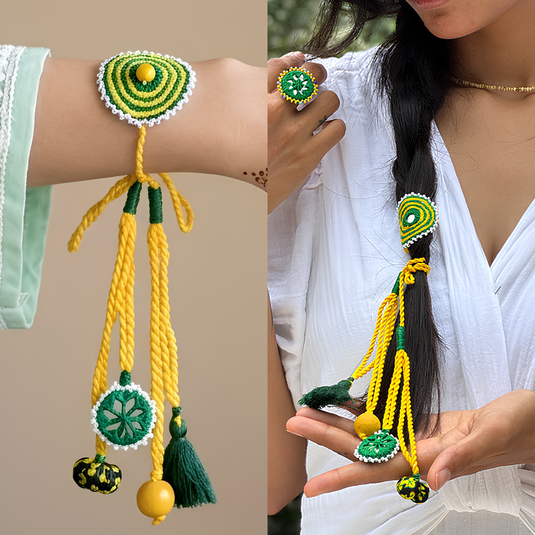 Handmade Reusable Yellow And Green Mirror And Jhumki Cotton Rope Lumba Rakhi For Bhabhi
