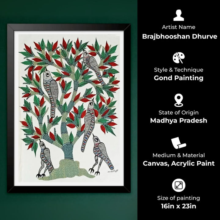 16 x 23 Inch | Birds On Tree | Original Hand Painted Tribal Gond Art Painting | Acrylic Paint On Paper