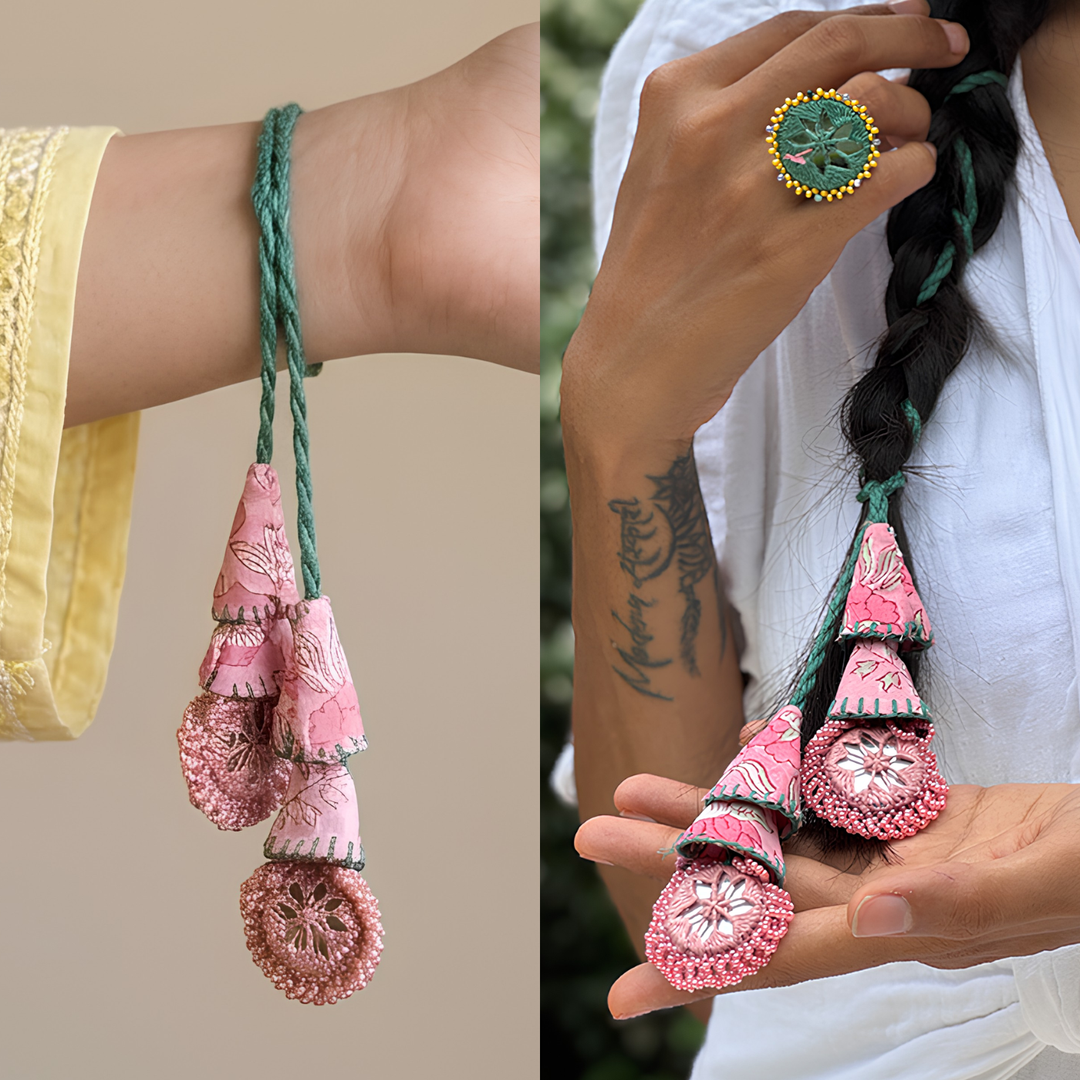 Handmade Reusable Pink And Green Mirror Jhumki Rakhi For Bhaiya And Bhabhi