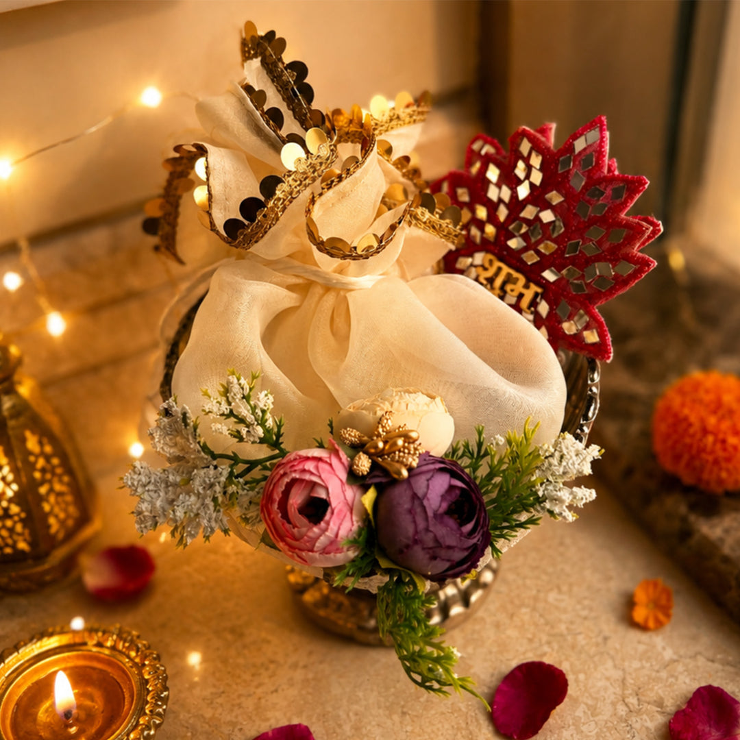 Silver Shagun Urli Soy Wax Scented Candle Diwali Gift Hamper With Almond Potli And Shubh Labh For Festive Gifting