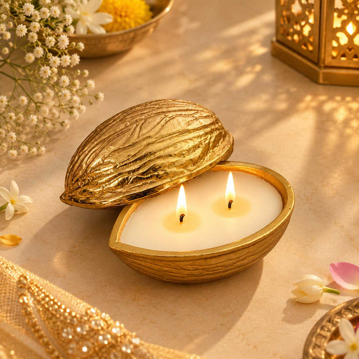 Handmade Gold-Toned Almond Shaped Musk Scented Soy Wax Urli Candle