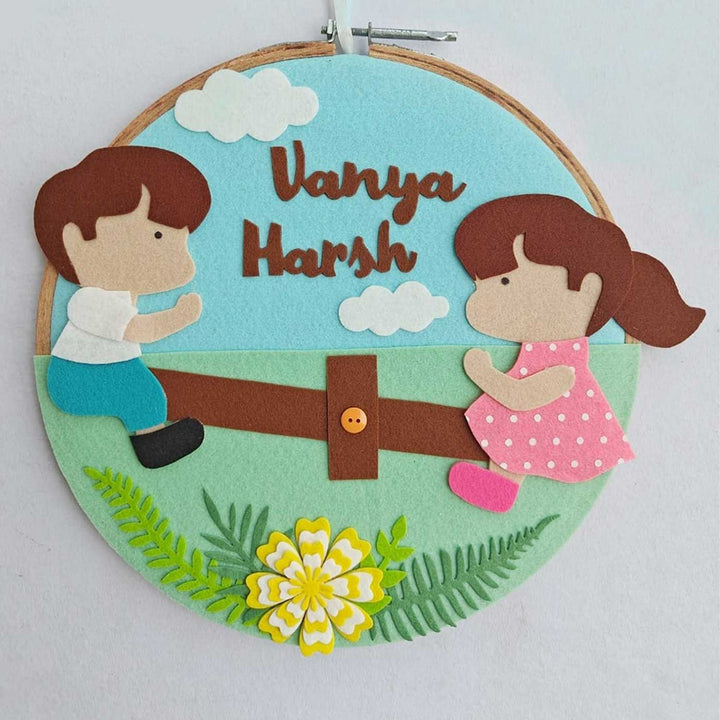 Personalized Handmade Brother and Sister On Seesaw Felt Hoop Name Plate For Siblings
