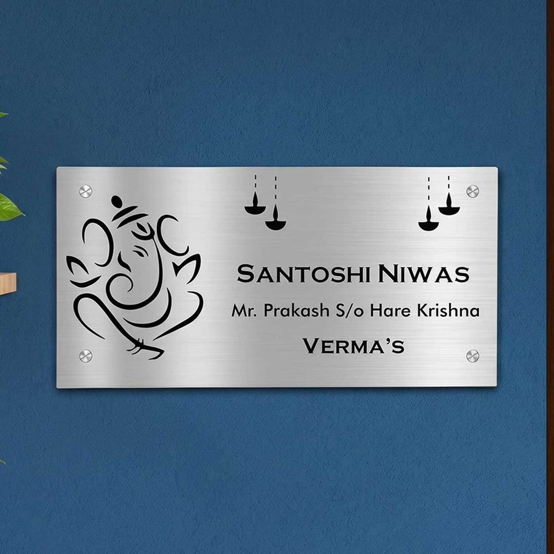 Personalized Ganesha & Diya Theme Stainless Steel Name Plate