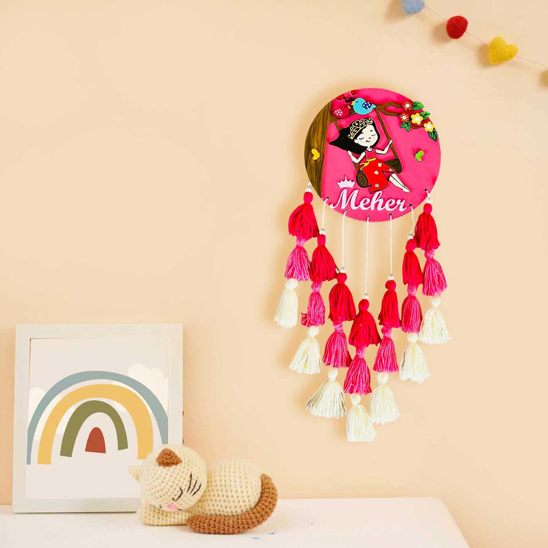 Personalized Hand Painted Charming Girl On A Swing Mdf Wood Kids Name Plate - Mounted on Wall Display with Tassels