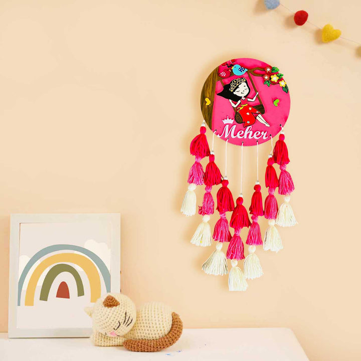 Personalized Hand Painted Charming Girl On A Swing Mdf Wood Kids Name Plate - Mounted on Wall Display with Tassels
