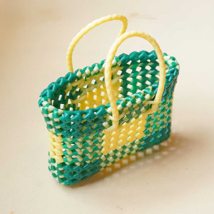 Handwoven Green & Beige Small Plastic Wire Koodai Bag For Festive Return Gifts