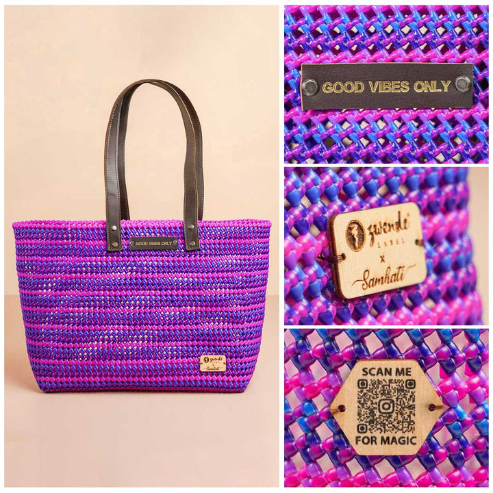 Purple and Pink Striped Mukhya Knot Handmade Koodai Beach Bag