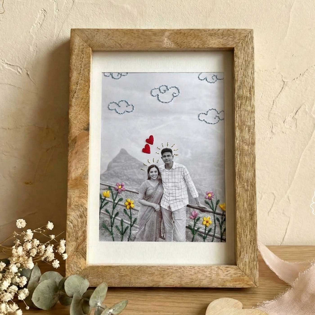 Clouds And Flowers Design Hand Embroidered Photo With Wooden Frame
