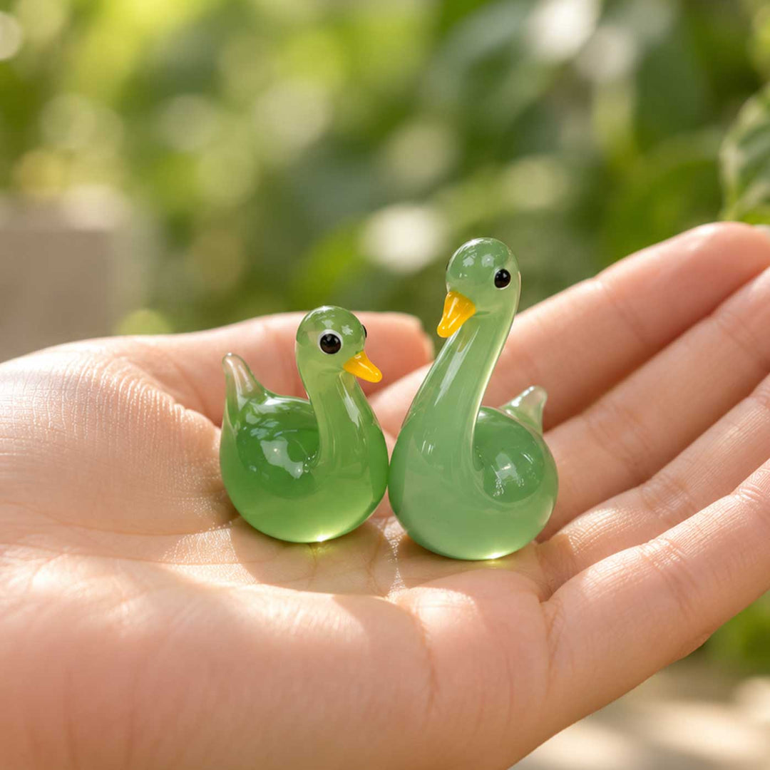 Set of 2 | Handmade Blown Glass Green Swan Miniature Figurine For Decor