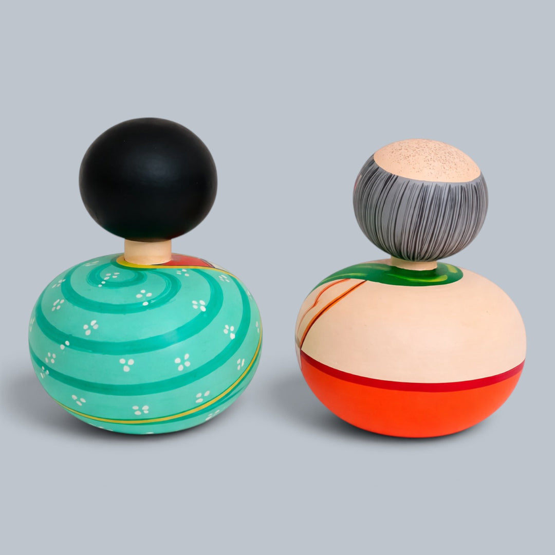Set of 2 | Hand-Painted Teal & Red Bobble Head Couple Wooden Golu Dolls For Gifting & Decor