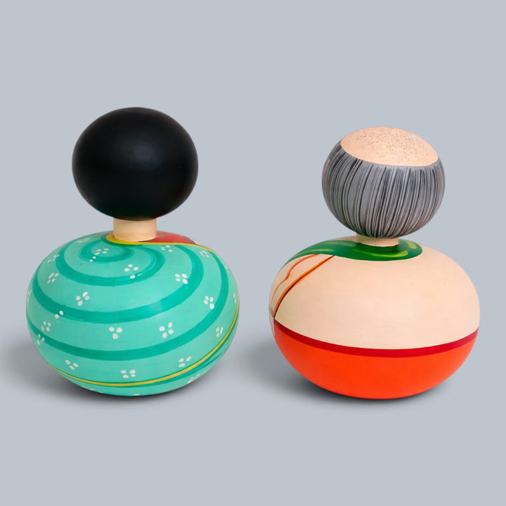 Set of 2 | Hand-Painted Teal & Red Bobble Head Couple Wooden Golu Dolls For Gifting & Decor