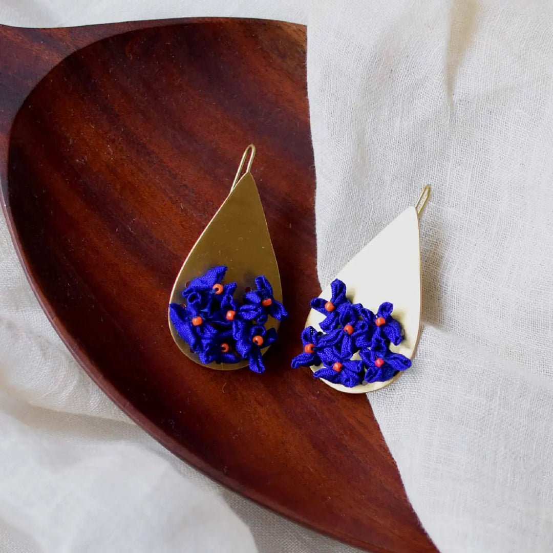 Handmade Textile Art Floral Drop Shaped Dupion Silk Fabric Earrings