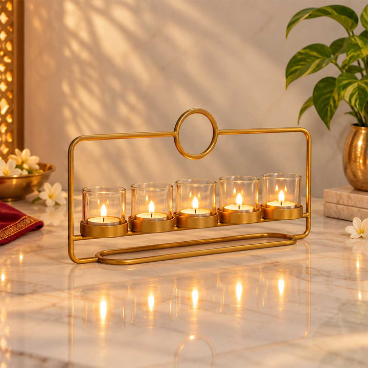 Handmade Rectangular Metal & 5 Glass Tealight Holder For Festive Decor