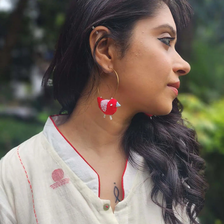 Handmade Textile Art Bulbul Bird Shaped Hoop Dupion Silk Fabric Earrings