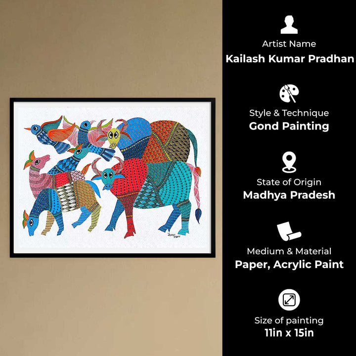11 x 15 Inch | Colorful Cows and Birds in Harmony | Original Hand painted Tribal Gond Art Painting | Acrylic Paints On Paper