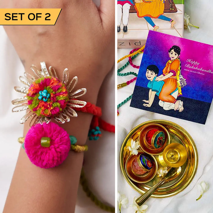 2 pc Rakhi + Brass Thali Set | Premium Cucckoo Beaded Pom Pom Rakhi Set with Roli Chawal