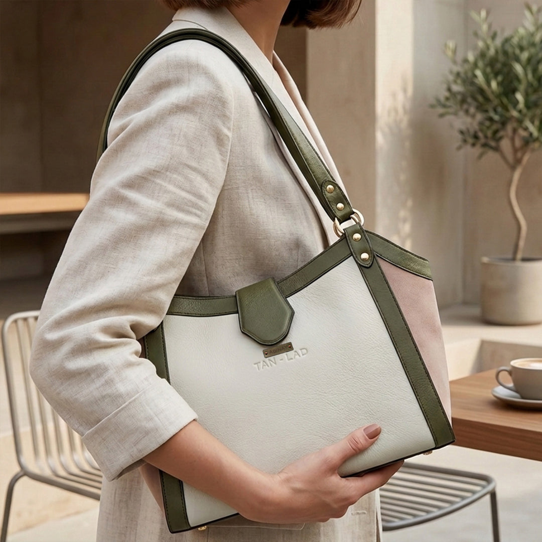 Personalized Off White & Green Serena Leather Tote Bag